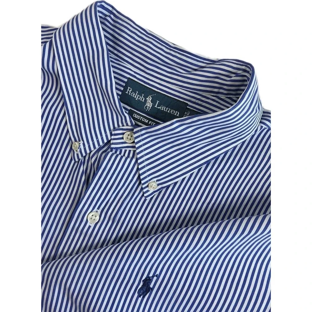 Ralph Lauren Dress Shirt Custom Fit Long Sleeve BLUE/WHITE Striped Mens 2XL